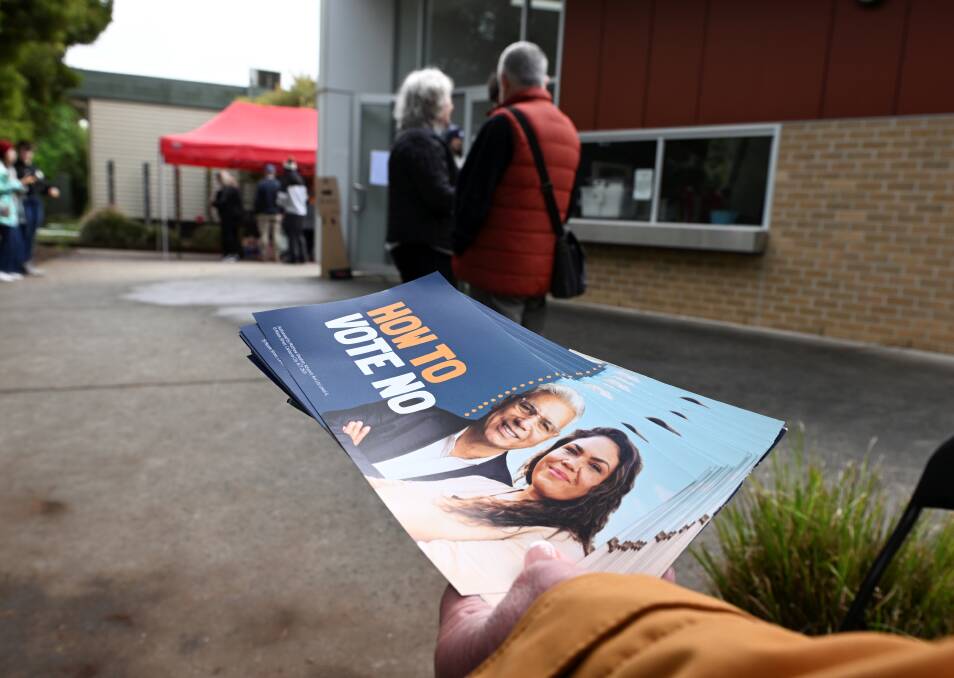 Vote No fliers being handed out at Ballarat North Primary School on referendum day. Picture by Lachlan Bence 