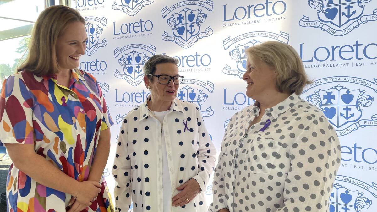 Grace Mulcahy (class of 2016), Louise Leighton (sister of Margot Serch, 1955) and Andrea Dennett (1981) have been inducted as Loreto Women In Time. Picture by Melanie Whelan